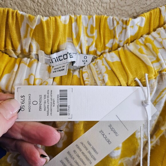 CHICO'S NWT Linen Paisley Off Shoulder Short Sleeve Knit Yellow Top~Size S - Picture 7 of 8